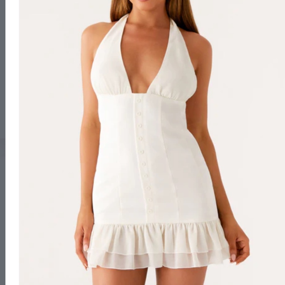 White Halter Mini Dress with Ruffle Hem